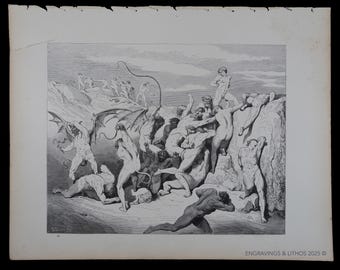 Diables et séducteurs de 1880 - Impression originale de « La vision de l'enfer » de Dante Alighieri