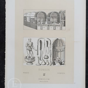 May include: A black and white illustration depicting a Roman bathhouse with a cross-section view of the different rooms. The illustration also includes a Roman statue, various tools, and a dome-shaped structure.