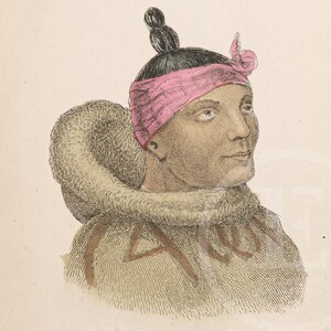 May include: A portrait of a person wearing a pink headband and a fur-lined coat. The person has dark hair tied up in a bun and is looking to the right.