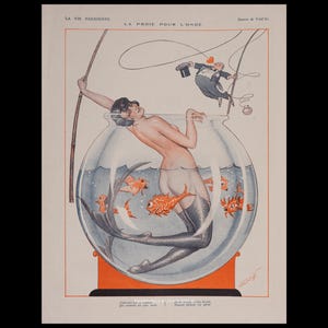 Original 1926 art déco sjöjungfru i en guldfiskskål – Vald'Es inredningsillustration la Vie Parisienne