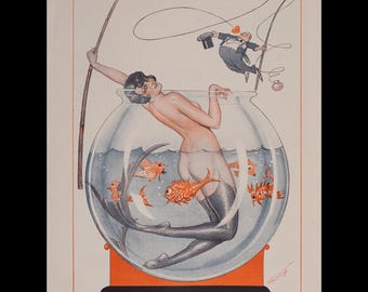 Original 1926 Art Deco Mermaid in a Goldfish Bowl – Vald'Es Interior Illustration la Vie Parisienne