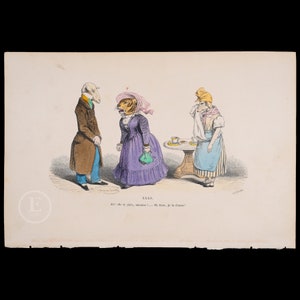 Tigress, sheep, dog - Cheating&#39;s never a smart move: Hand-Colored Lithograph by Grandville, &quot;Les Metamorphoses du Jour&quot; 1842 - 171 year!