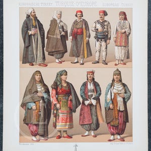 Turkey Traditional Costumes by A.Racinet - EXQUISITE PRINT Color Lithograph 1888 - Original Print