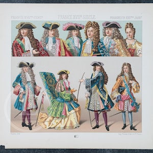 French Traditional Costumes from 17th century by A.Racinet - EXQUISITE PRINT Color Lithograph 1888