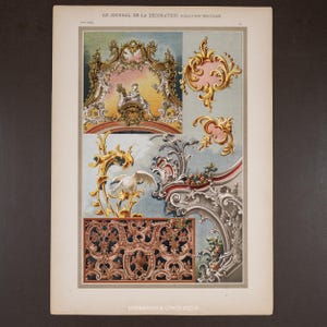 May include: A vintage print from "Le Journal de la Décoration" featuring ornate architectural details. The print showcases various decorative elements in gold, pink, and white against a light blue background. The print includes the text "Engravings & Lithos 2025 ©".