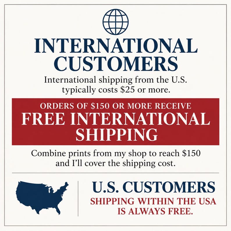 The image is an advertisement for international shipping services, specifically for U.S. customers. It highlights the benefits of combining prints from a shop to reach $150 and cover the shipping cost, offering a free international shipping option. The text emphasizes that shipping within the USA is always free, and the U.S. customers can enjoy this service.