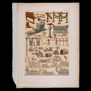 Könnte beinhalten: Eine antike Illustration verschiedener Möbel und Gegenstände aus dem antiken Griechenland. Das Bild zeigt eine Vielzahl von Stühlen, Tischen, Betten und anderen Haushaltsgegenständen. Die Illustration ist in Schwarzweiß gehalten und hat eine Vintage-Ästhetik.