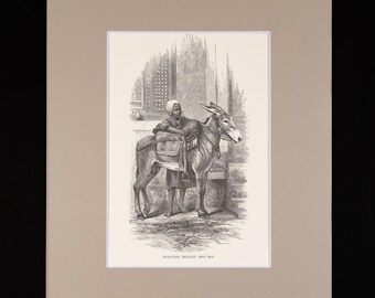 Grabado egipcio antiguo de un burro y un niño, 1886. Original xilografía montada.