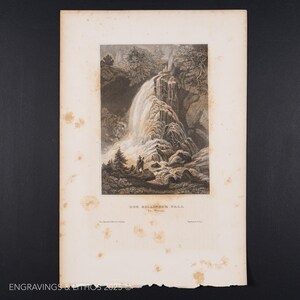 1851 - GOLLINGER WATERFALL, TYROL, Austria - Black and white steel engraving from “Meyer&#39;s Universum”  / buy 2, get 1 free!