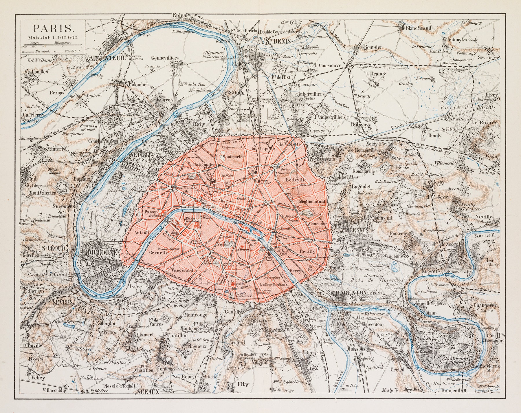 フランス、パリの地図 - マイヤーズ辞書 1897 のオリジナルカラー