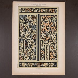 May include: An antique print with elaborate floral and grape vine patterns in black, cream, and peach hues. The print includes the text "Sculptures sur bois colorées XIVe siècle" and "Engravings & Lithos 2025".