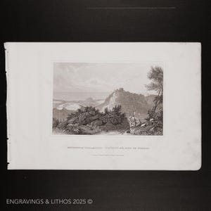 May include: A black and white engraving of a landscape with a bridge and a castle in the distance. The engraving is titled "Entrance of the Valley of Athens with the Land of Phocis".