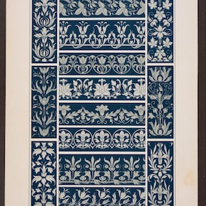 May include: An antique print featuring decorative border designs in a repeating pattern. The borders are in white and gray against a dark blue background. The text at the top reads "Zierleisten und Bordüren."