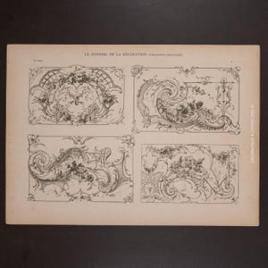 1901 ROCOCO FLORAL CARTOUCHES and Scrollwork Panels - French Antique Decorative Lithography Plate by Guerinet