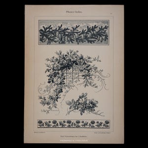May include: An antique botanical print featuring detailed black and white illustrations of various floral arrangements and plant studies. The print includes decorative borders with pine cones, roses, and other floral elements. The text "Pflanzen-Studien" is visible at the top.