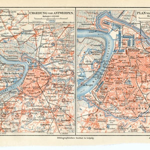 Map of Antwerp, Belgium - Original color lithography from Meyers Lexikon 1897