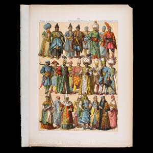 1890 TURKISH & TATAR COSTUMES in Modern Era -  &quot;Costume, Weapons, Utensils, and Household Objects&quot; by Frédéric Hottenroth - Original Litho!