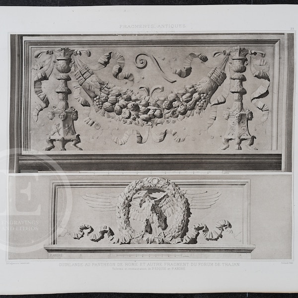 Garland in the Pantheon, and Fragments of Trajan's Forum, Rome, Italy - EXQUISITE Heliogravure . ca1900 .  17.75 in x 12.5 in (Crown Folio)