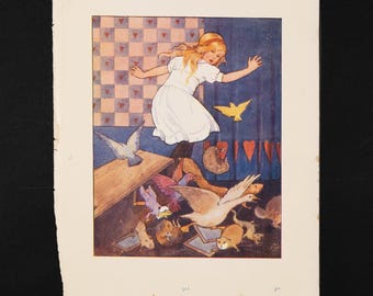 1916 ALICE SURROUNDED by ANIMALS – Vintage  Illustration from Alice’s Adventures in Wonderland by Lewis Carroll