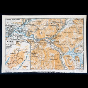 1893 Karte von TERNI, Stadt UMBRIEN in Mittel-ITALIEN - Authentische Lithographie-Karte, Leipzig für 'Italie, Manuel du Voyageur' von Karl Baedeker