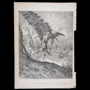 1880 Don QUIXOTE STRUCK by the WINDMILL Sail – Gustave Doré Illustration – Original Antique Book Print from Don Quixote – Scarce!