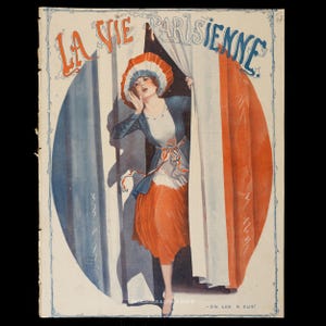 The image is a vintage advertisement featuring a woman in a red dress and hat peeking out from behind a curtain.