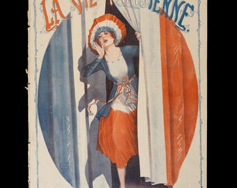 1918年、三色旗を掲げ勝利を祝う愛国的なフランス人女性の表紙 – オリジナル『ラ・ヴィ・パリジェンヌ』プリント