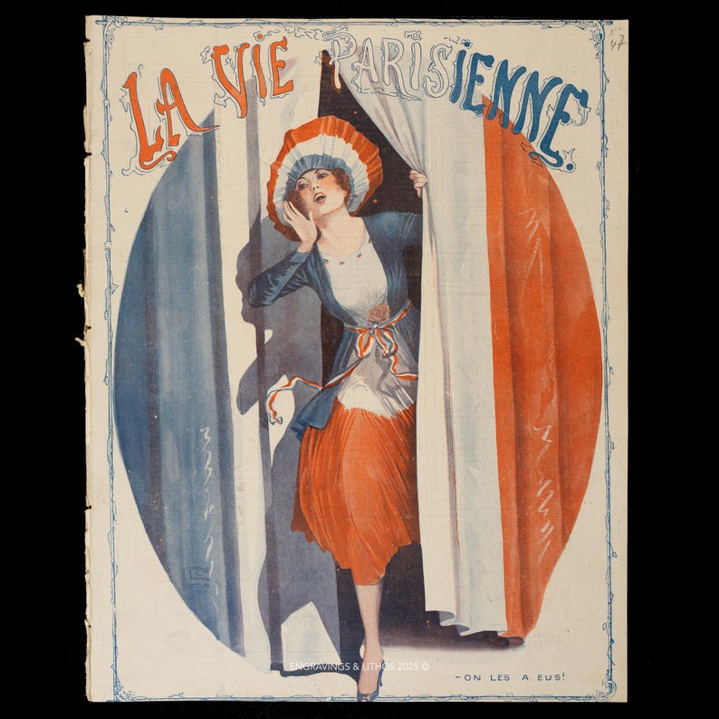The image is a vintage advertisement featuring a woman in a red dress and hat peeking out from behind a curtain.