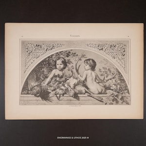 May include: Black and white illustration of two children with a deer and other animals, set within an arched frame with floral and leaf details. The artwork is on aged paper, with the title "Voussure" at the top.