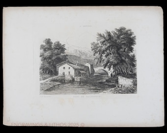 1841 BRIDGE AT SASSENAGE - Antique French Print Steel Engraving