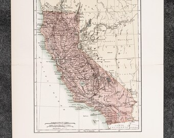 Könnte beinhalten: Eine gedruckte Karte im antiken Stil mit dem Titel CALIFORNIA, beschriftet als Vol IV und Plate XXXIII. Die Karte zeigt eine hellrosa schattierte Region, die den Bundesstaat darstellt, mit detaillierter schwarzer Topografie, Gitternetzlinien und Textbeschriftungen.