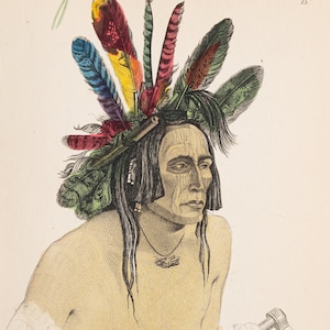 North America Mato Tope Mandan Chief  - VERY RARE - Original steel engraving and hand colored 1859
