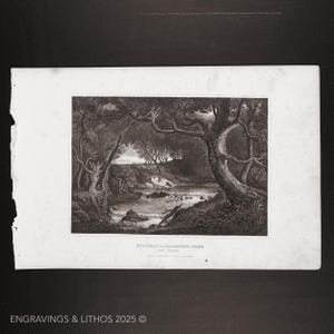 May include: A black and white landscape engraving titled SCENERY IN RICHMOND PARK NEAR LONDON. The print depicts a wooded area with a stream flowing over rocks, framed by large, textured trees. The scene includes a small bridge and figures.