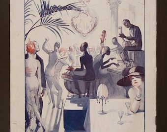 Pagina interna di La Vie Parisienne del 1921 di R. Préjelan – Scena di un nightclub di una band jazz – Stampa Art Déco francese originale