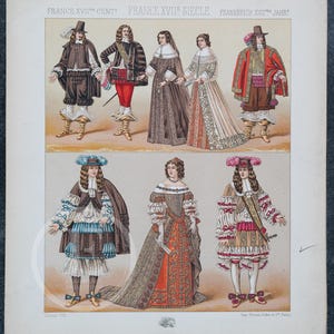 French Traditional Costumes from 17th century by A.Racinet - EXQUISITE PRINT Color Lithograph 1888
