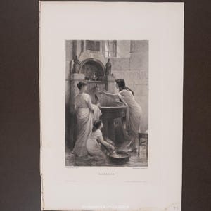 1883 SACRARIUM - Klassieke badkamerscène binnen – originele fotogravure door Goupil & Co, Parijs