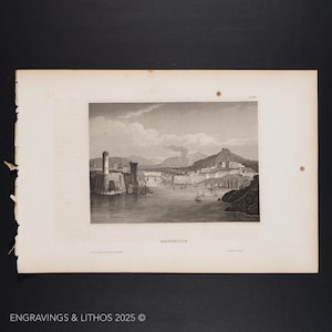 May include: A black and white engraving of a coastal city with a lighthouse and a mountain in the background. The engraving is titled "Marseilles".