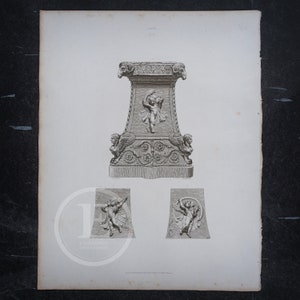 May include: A black and white engraving of a pedestal with a cherub sculpture. The pedestal is decorated with floral motifs and has a square base. The cherub is holding a flower in its hand. The engraving is from a book titled "Designs for Garden Ornaments".