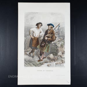 1840s Pipers and Blacksmith – Original Hand Colored Lithograph “Pipeur et Forgeron” – Costume Print from Peoples of Europe