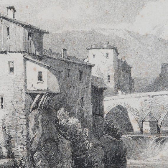 1841年 フランス、グルノーブル近郊の橋の眺め - アンティーク