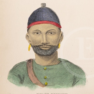 Mongoles del Cáucaso: Mandarín. Montañés - MUY RARO - Grabado original en acero y coloreado a mano, 1859