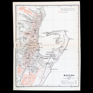 1893  Map of MESSINA, a Harbor City, SICILY, ITALY - Authentic Lithograph Map, Leipzig for &quot;Italie, Manuel du Voyageur&quot; by Karl Baedeker
