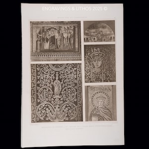 May include: A page from a book with monochrome illustrations of Byzantine mosaics. The top left shows a scene with figures, while the bottom left displays an ornate floral design. The text "IVSTINIAN" is visible.