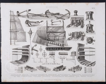 Equipment and Construction of a Modern Warship  - Exquisite Cooper engraving print from 1870 - 13.75 x 10.5 in. Very rare!