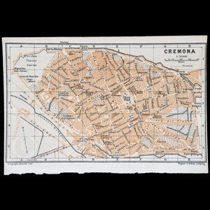 1893 Karte von CREMONA, Stadt in LOMBARDIE, Nord-ITALIEN - Authentische Lithographie-Karte, Leipzig für 'Italie, Manuel du Voyageur' von Karl Baedeker