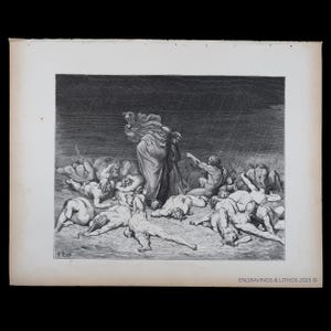 May include: A black and white engraving depicting a dramatic scene with figures in a stormy environment. The artwork features a central figure in flowing robes, surrounded by numerous prone figures, with rain falling from above. The style is detailed and illustrative.