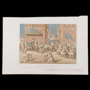 1873 EINZUG CHARLES VII in Paris - 1800s Historische Lithographie von Moyen Age et Renaissance – Antiker französischer Miniaturdruck
