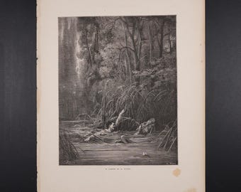 1868 The Torrent and the River - Original woodcut from Fables de La Fontaine