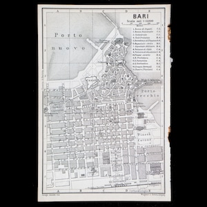 1893 Karte von BARI, einer Hafenstadt in der Region APULIEN, ITALIEN- Authentische Lithographie-Karte, Leipzig für ""Italie, Manuel du Voyageur" von Karl Baedeker."