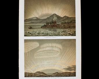 1898 AURORA BOREALIS - Rare chromolithograph plate from Brockhaus&#39; Conversations-Lexikon